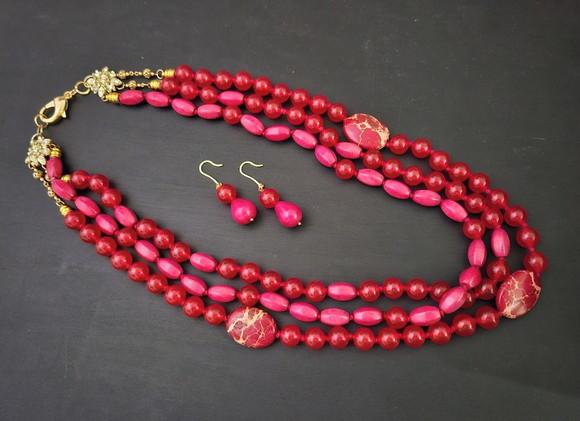 Conjunto de Colar e Brinco de Pedras Cornalina e Jasper