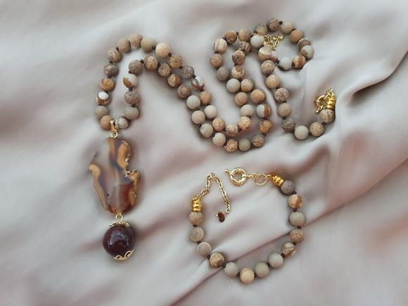 Conjunto De Colar E Pulseira Com Pedras Jasper Imperador