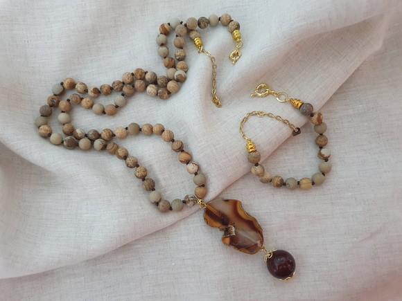 Conjunto De Colar E Pulseira Com Pedras Jasper Imperador