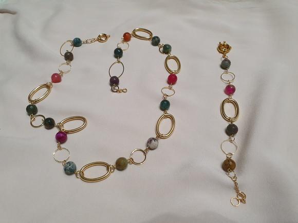 Conjunto de Colar e Pulseira de Pedra Natural Ágata