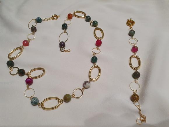 Conjunto de Colar e Pulseira de Pedra Natural Ágata