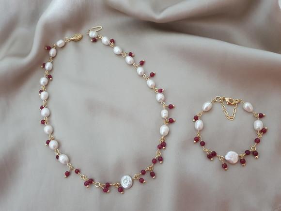 Conjunto De Colar E Pulseira De Pérolas De Água Doce E Jade