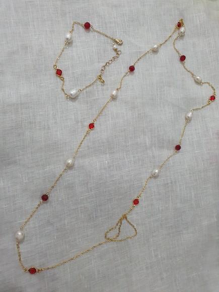 Conjunto de Colar e Pulseira de Pérolas e Cristais Rubi