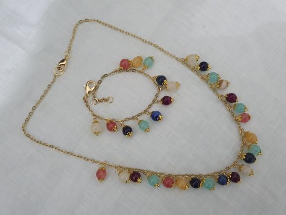 Conjunto de Colar e Pulseira e Pedras Naturais Coloridas