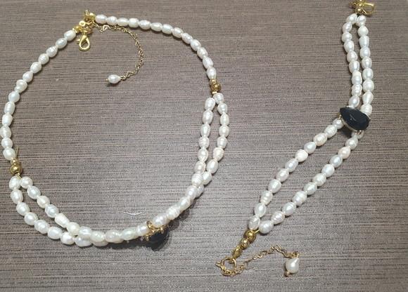 Conjunto de Pulseira Colar Banhado Duplo de Pérolas Naturais