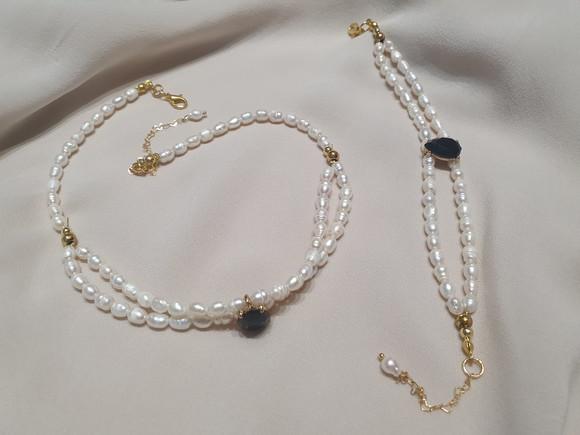 Conjunto de Pulseira Colar Banhado Duplo de Pérolas Naturais