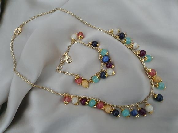 Conjunto de Colar e Pulseira e Pedras Naturais Coloridas