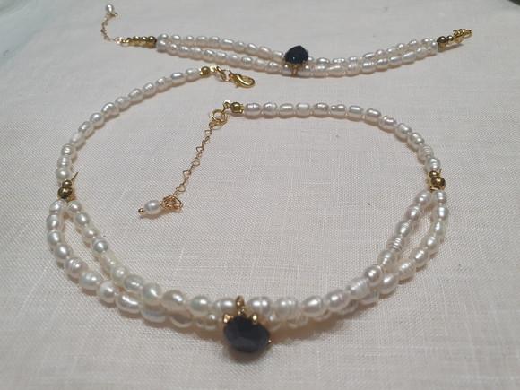 Conjunto de Pulseira Colar Banhado Duplo de Pérolas Naturais