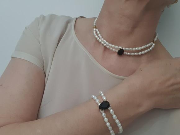 Conjunto de Pulseira Colar Banhado Duplo de Pérolas Naturais
