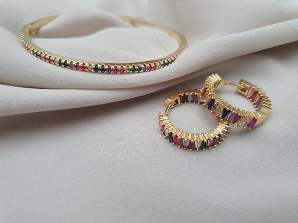 Conjunto De Pulseira E Brincos Com Cristais Coloridos