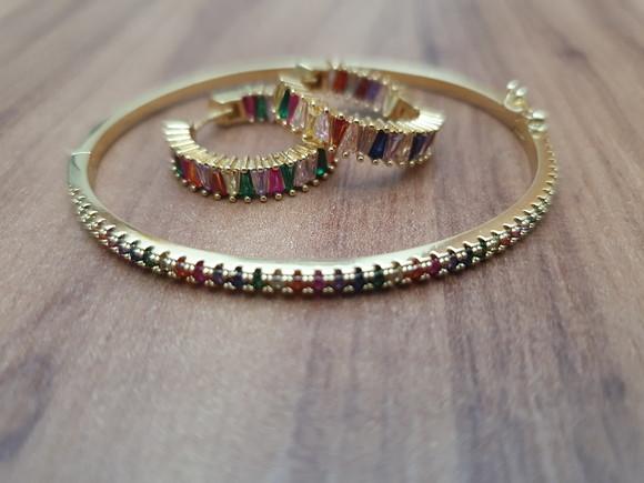 Conjunto De Pulseira E Brincos Com Cristais Coloridos