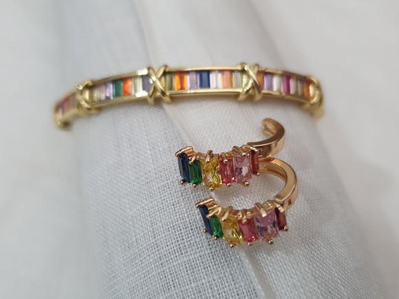 Conjunto De Pulseira E Brincos Com Cristais Coloridos