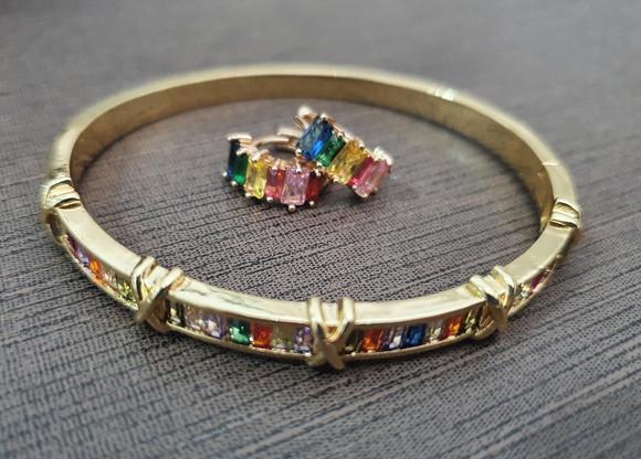 Conjunto De Pulseira E Brincos Com Cristais Coloridos