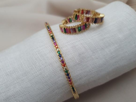 Conjunto De Pulseira E Brincos Com Cristais Coloridos