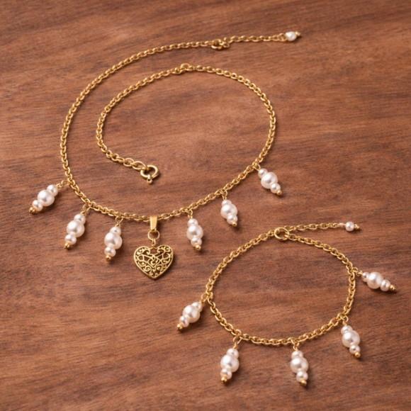 Conjunto de Pulseira e Colar com Pérolas Naturais-semijoias