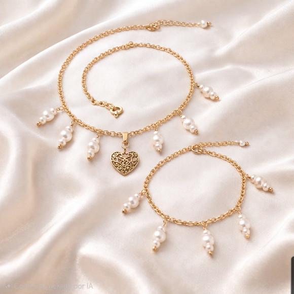 Conjunto de Pulseira e Colar com Pérolas Naturais-semijoias