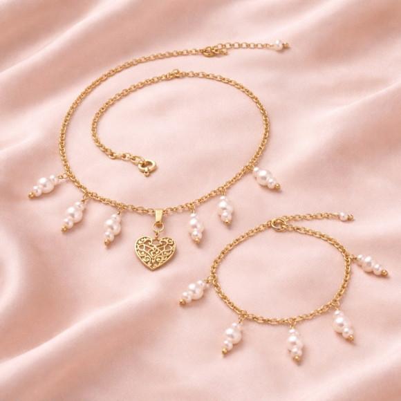 Conjunto de Pulseira e Colar com Pérolas Naturais-semijoias