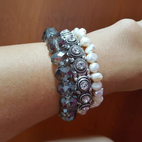 Conjunto de Pulseiras com Cristais e Pérolas