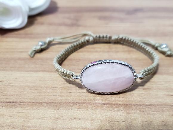 Pulseira Banhada a Prata e Pedra Natural Quartzo Rosa