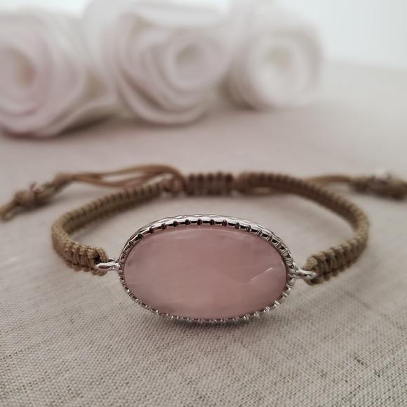 Pulseira Banhada a Prata e Pedra Natural Quartzo Rosa