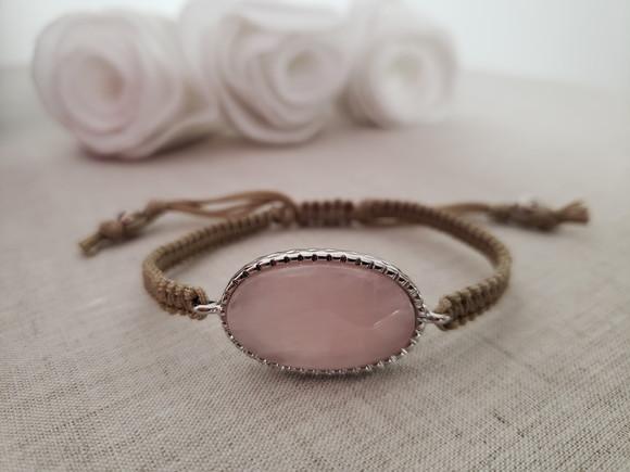 Pulseira Banhada a Prata e Pedra Natural Quartzo Rosa