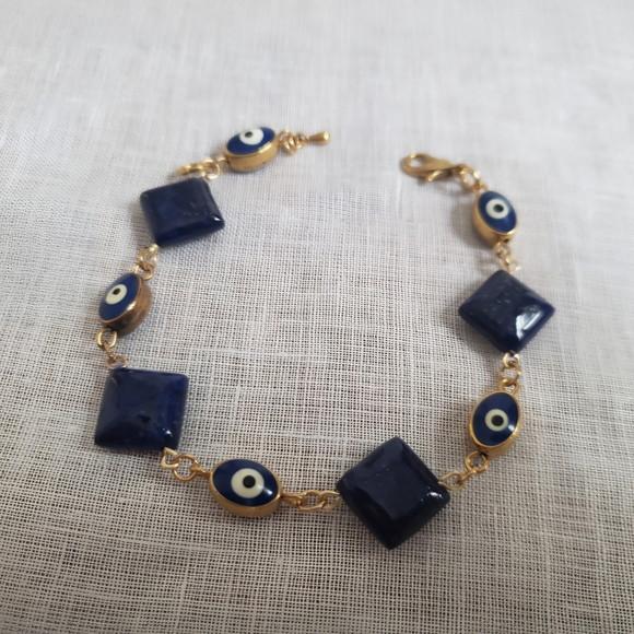 Pulseira Banhada com Pedra Natural Lápis Lazuli e Olho Grego
