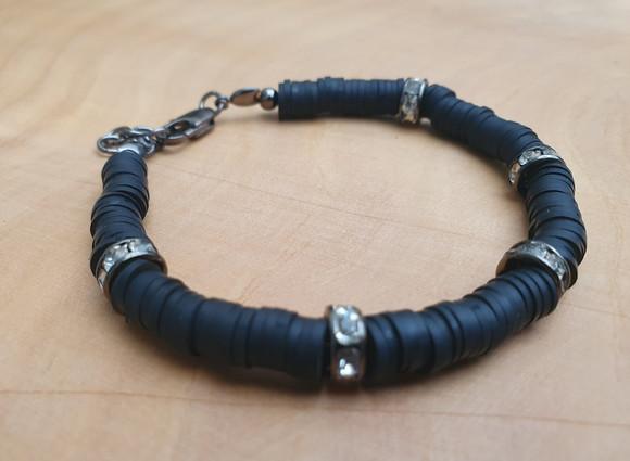 Pulseira com Discos de Silicone Preto e Entremeios Grafite