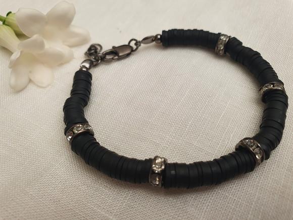 Pulseira com Discos de Silicone Preto e Entremeios Grafite