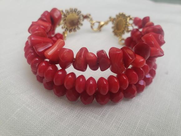 Pulseira de Coral e Cristal Vermelho