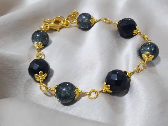 Pulseira de Cristal Fusion Cinza com Pedras Naturais Ônix