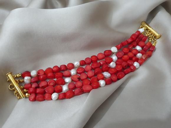 Pulseira de Pedra Coral e Pérolas Naturais