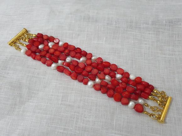 Pulseira de Pedra Coral e Pérolas Naturais