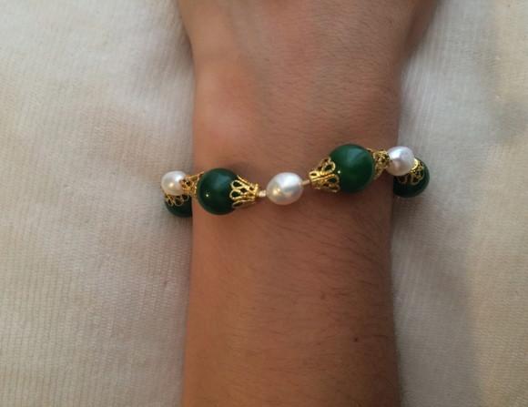 Pulseira De Pedra Natural Jade Verde E Pérolas