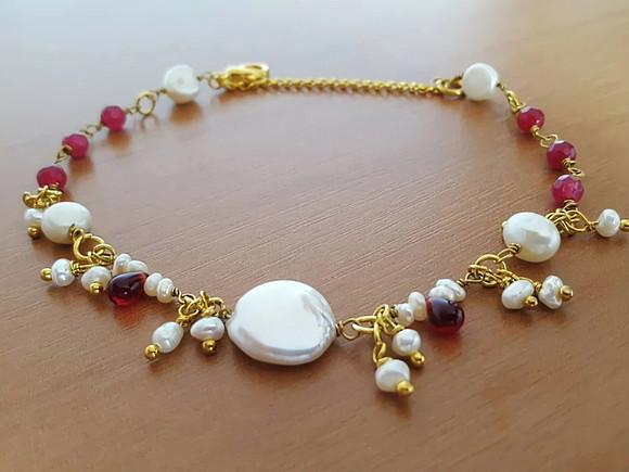 Pulseira de Pedras Jade Rubi e Pérolas Naturais
