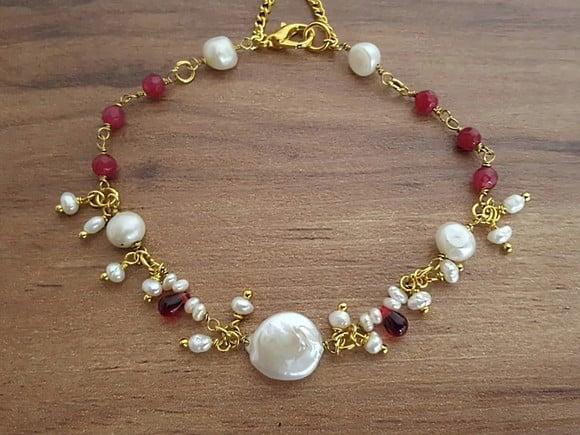Pulseira de Pedras Jade Rubi e Pérolas Naturais