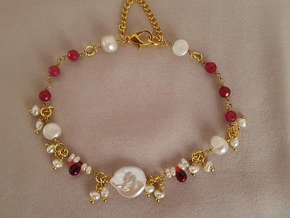 Pulseira de Pedras Jade Rubi e Pérolas Naturais
