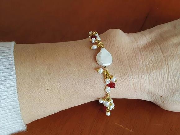 Pulseira de Pedras Jade Rubi e Pérolas Naturais