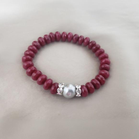 Pulseira de Pedras Naturais Jade Rubi e Pérola Prata