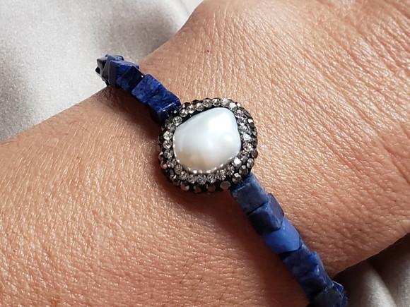 Pulseira de Pedras Naturais Lápis Lazuli e Pérola
