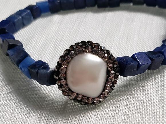 Pulseira de Pedras Naturais Lápis Lazuli e Pérola