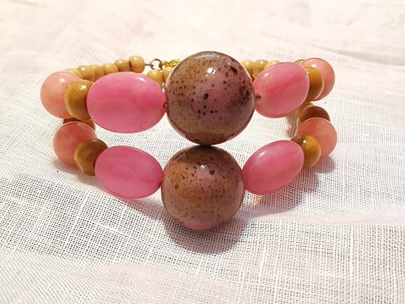 Pulseira de Pedras Naturais Morganite e Madeira
