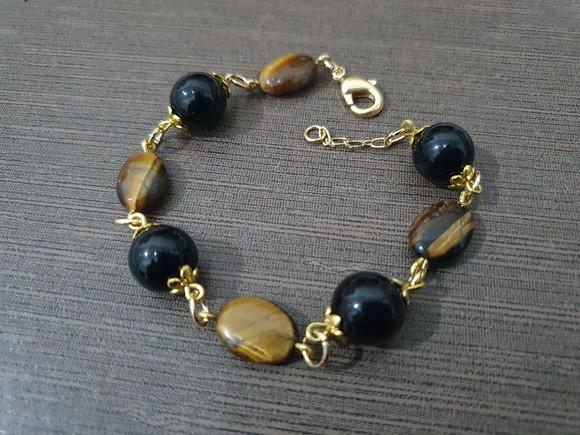 Pulseira de Pedras Naturais Olho de Tigre e Obsidiana