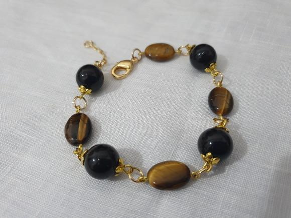 Pulseira de Pedras Naturais Olho de Tigre e Obsidiana