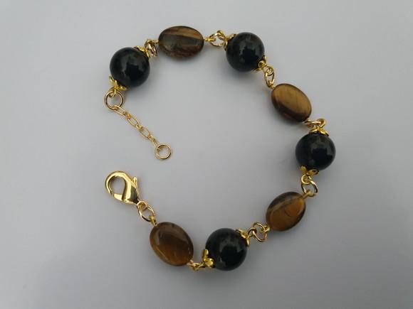Pulseira de Pedras Naturais Olho de Tigre e Obsidiana