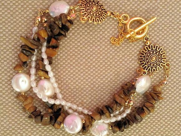 Pulseira de Pedras Olho de Tigre e Pérolas Naturais
