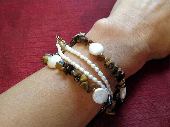 Pulseira de Pedras Olho de Tigre e Pérolas Naturais