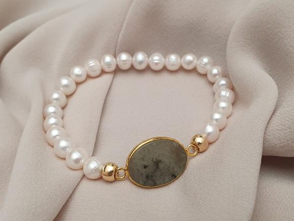 Pulseira de Pérolas Barrocas e Pedra Natural Labadorita