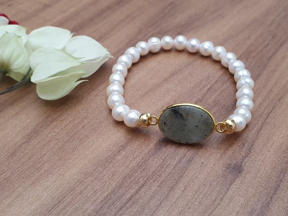 Pulseira de Pérolas Barrocas e Pedra Natural Labadorita