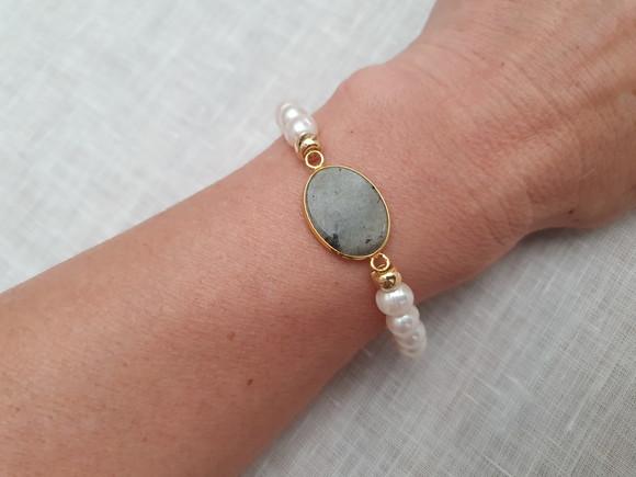 Pulseira de Pérolas Barrocas e Pedra Natural Labadorita