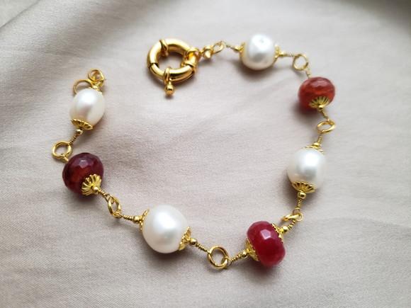 Pulseira de Pérolas de Água Doce com Pedra Natural Ágata